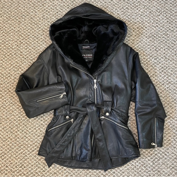 Wilsons Leather Jackets & Blazers - Wilsons Leather Hooded Belted Biker Jacket with Thinsulate Thermal Insulation